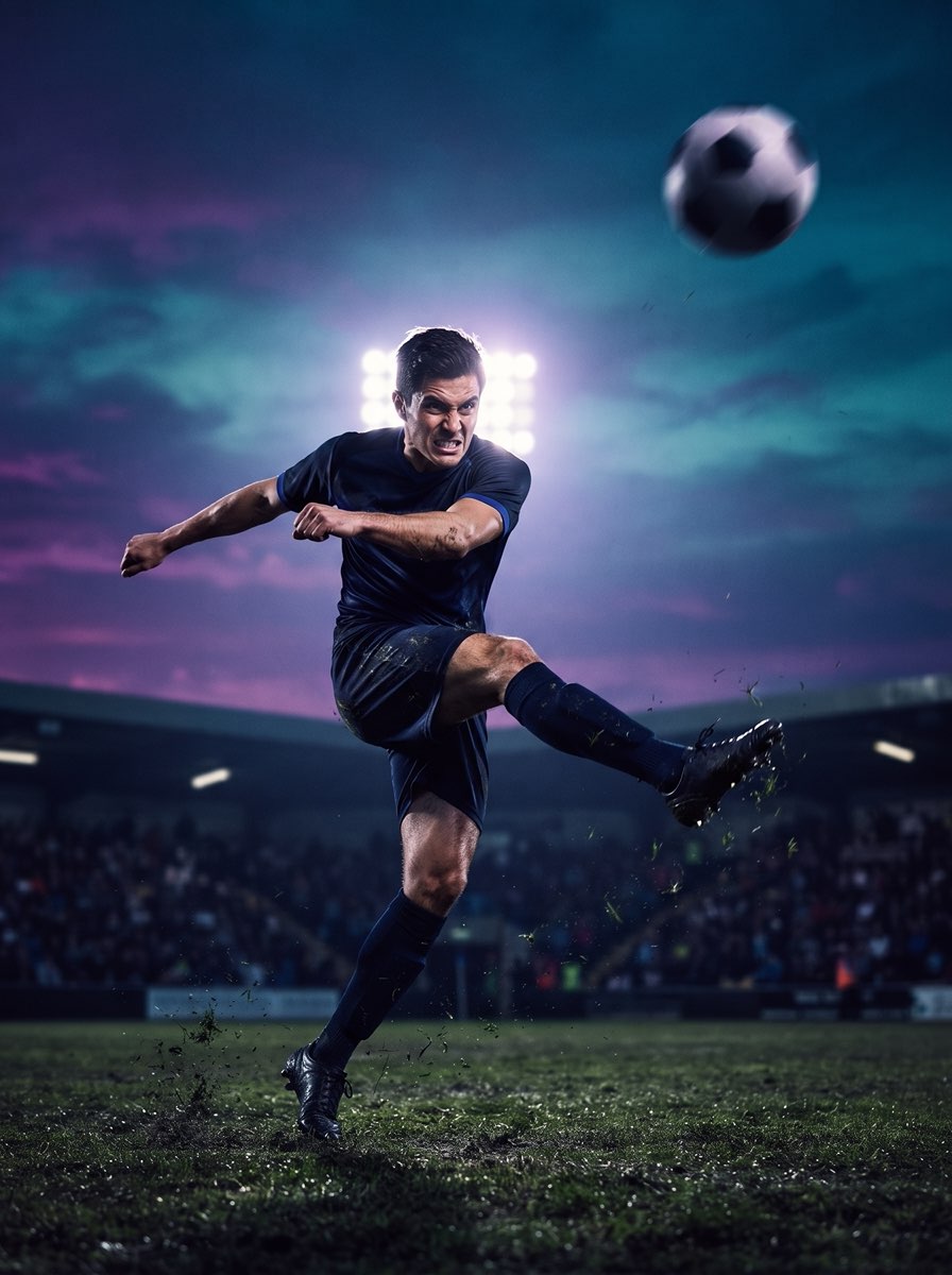 Soccer player following through on a powerful kick
